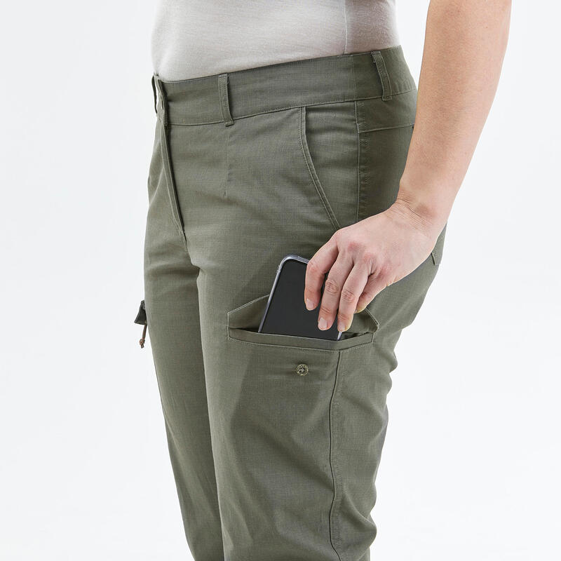 WOMEN’S TREKKING & TRAVEL CARGO TROUSERS - TRAVEL 100 - KHAKI