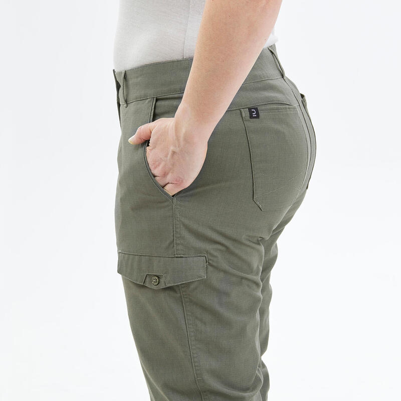 WOMEN’S TREKKING & TRAVEL CARGO TROUSERS - TRAVEL 100 - KHAKI