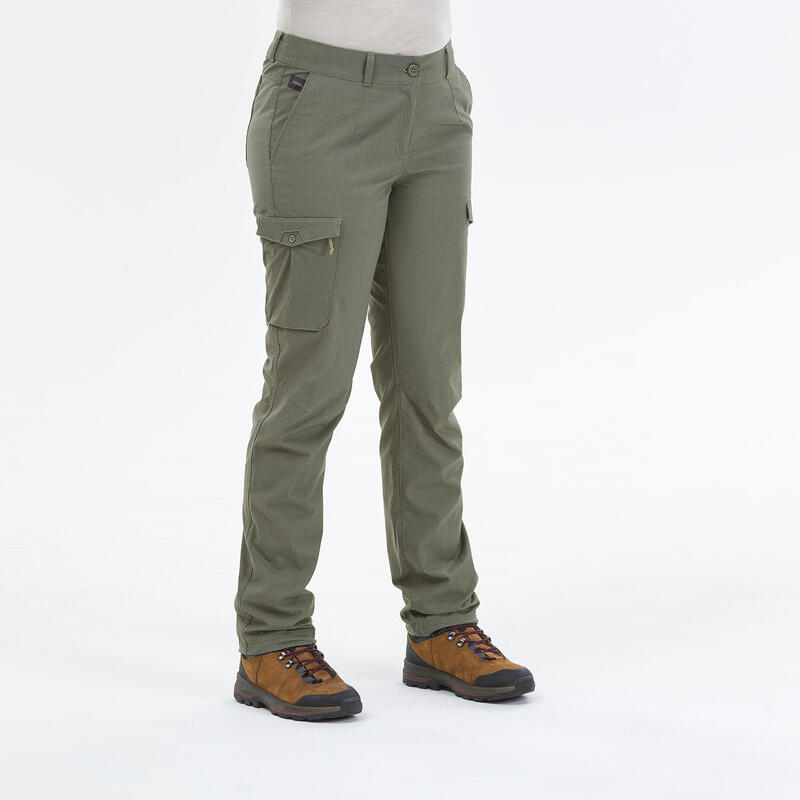 WOMEN’S TREKKING & TRAVEL CARGO TROUSERS - TRAVEL 100 - KHAKI