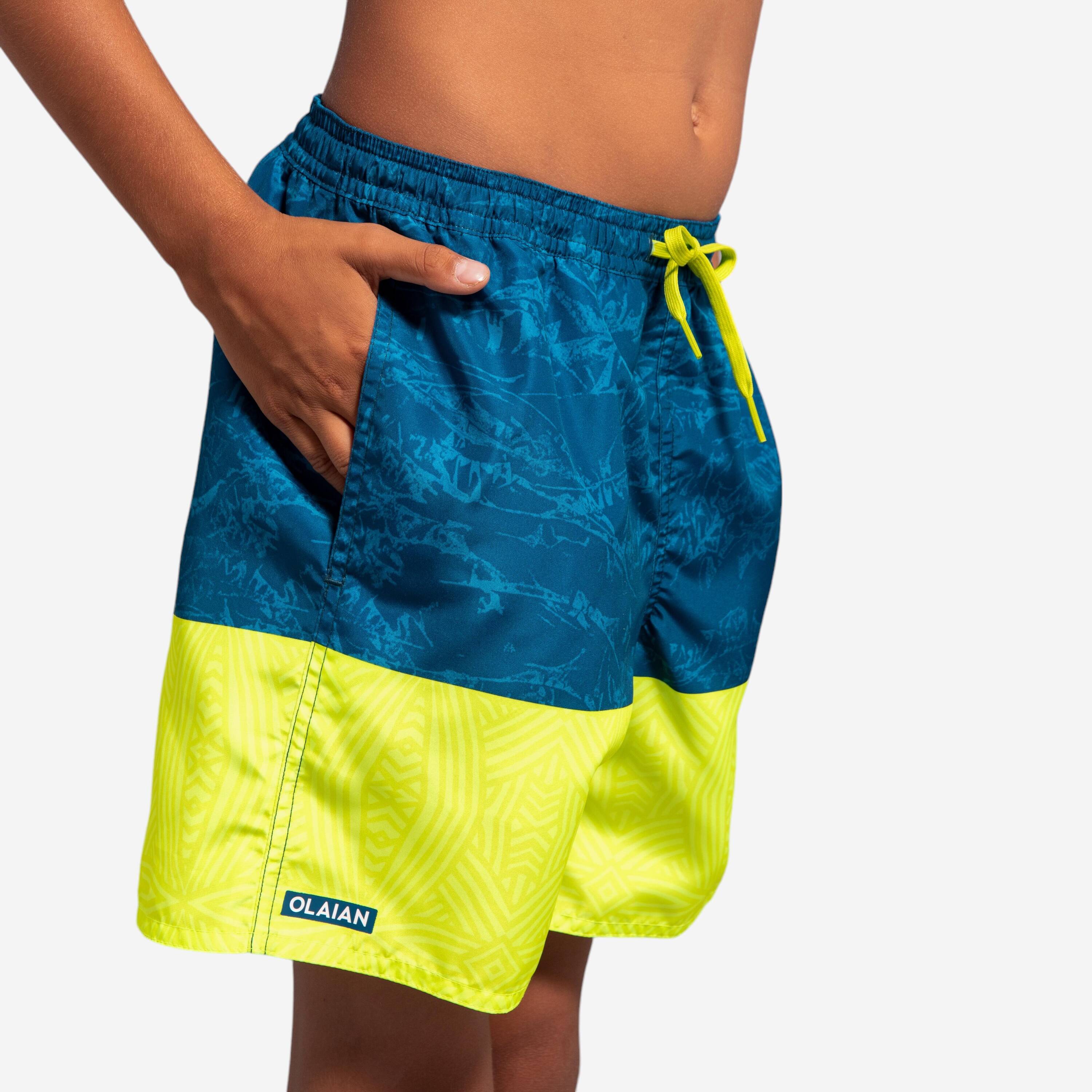 Boys’ surfing swim shorts with pockets - 100 Stories blue yellow -  2