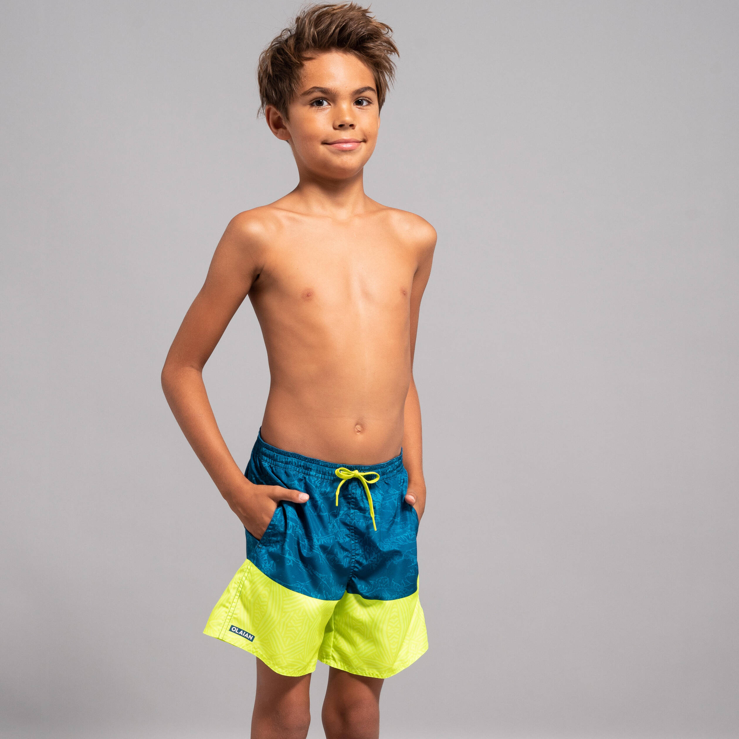 Boys’ surfing swim shorts with pockets - 100 Stories blue yellow
