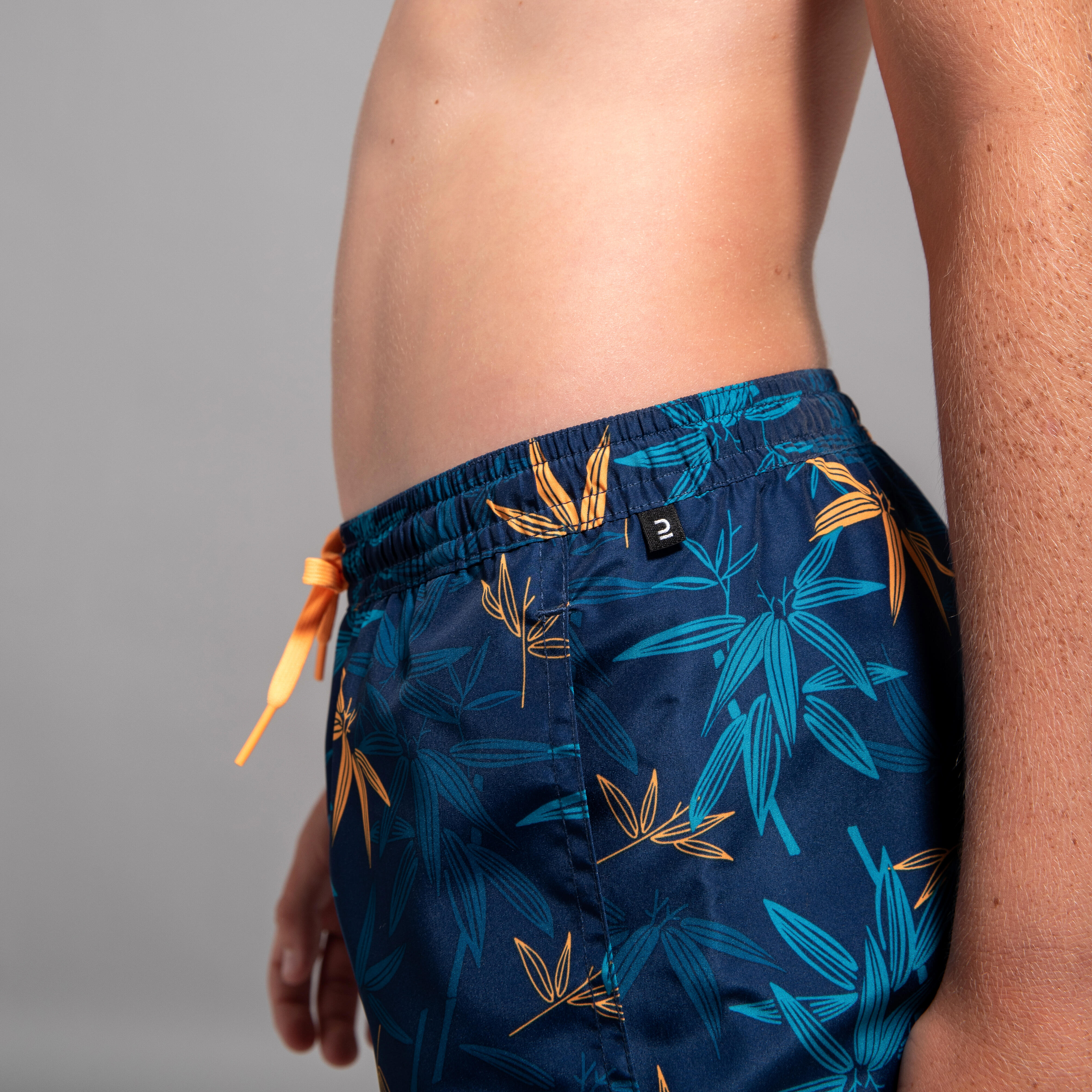 Boys’ surfing swim shorts with pockets - 100 Stories navy blue bamboo