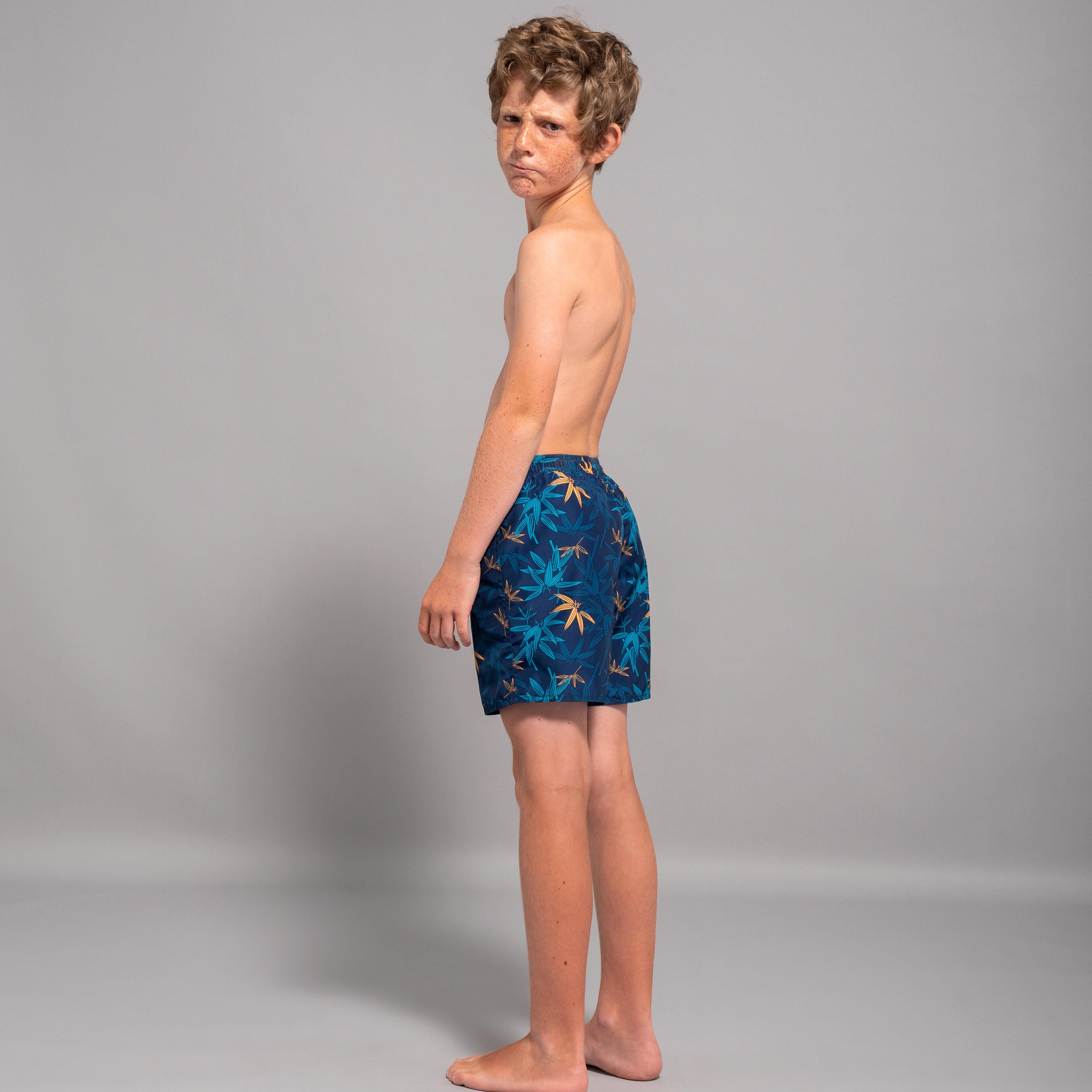 Boys’ surfing swim shorts with pockets - 100 Stories navy blue bamboo