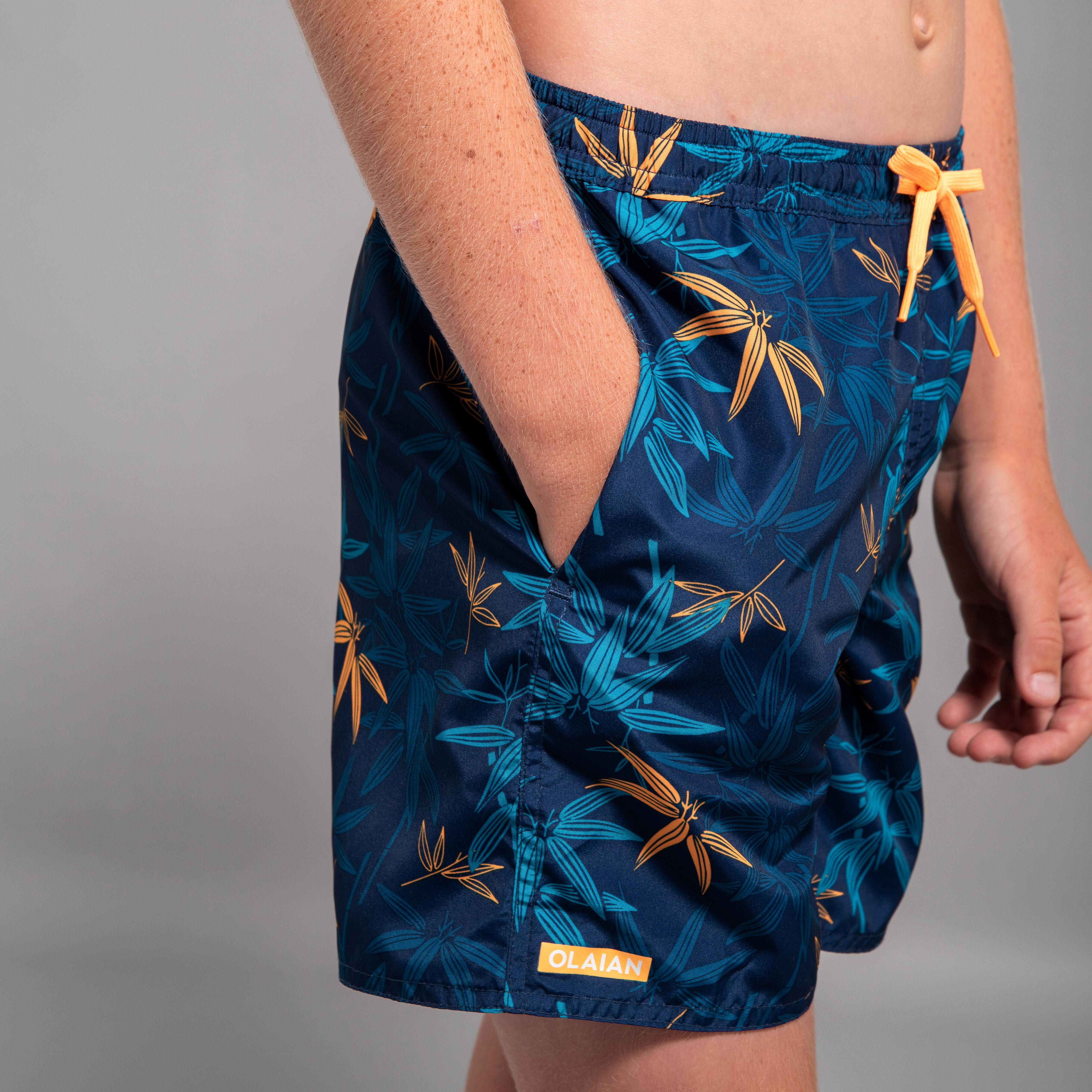 Boys’ surfing swim shorts with pockets - 100 Stories navy blue bamboo