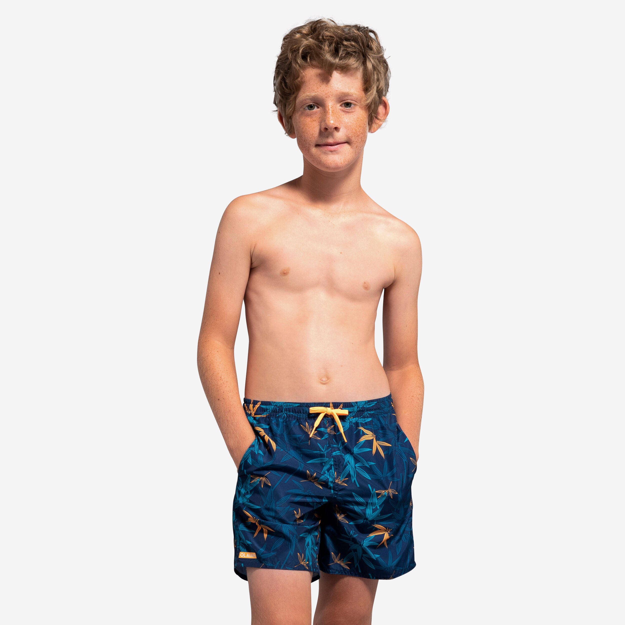 Boys’ surfing swim shorts with pockets - 100 Stories navy blue bamboo