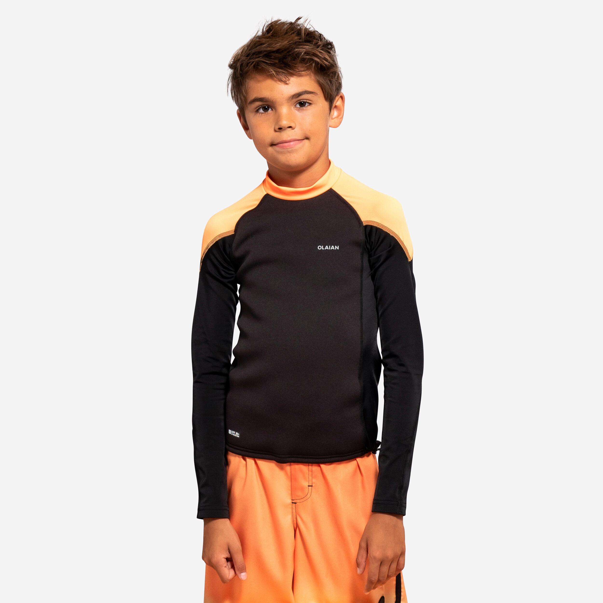 Uv-shirt met lange mouwen jongens (7-15 j.) neo zwart/fluo-oranje