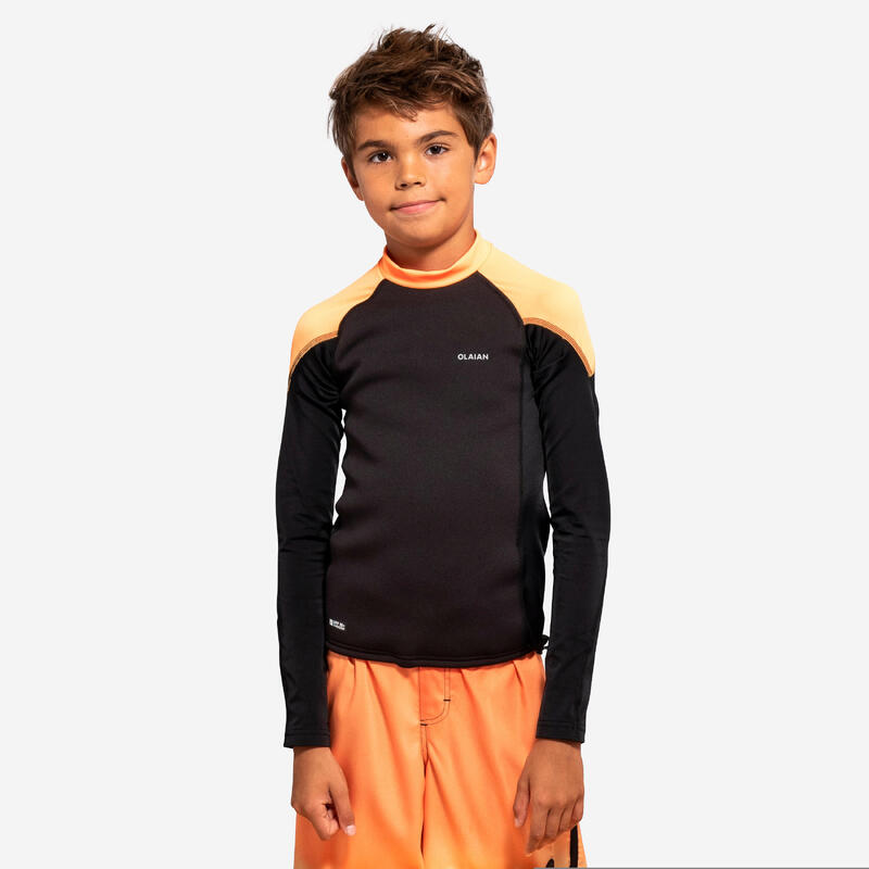 Fiú UV-szűrős neoprén póló 900-as, hosszú ujjú, fekete, narancssárga