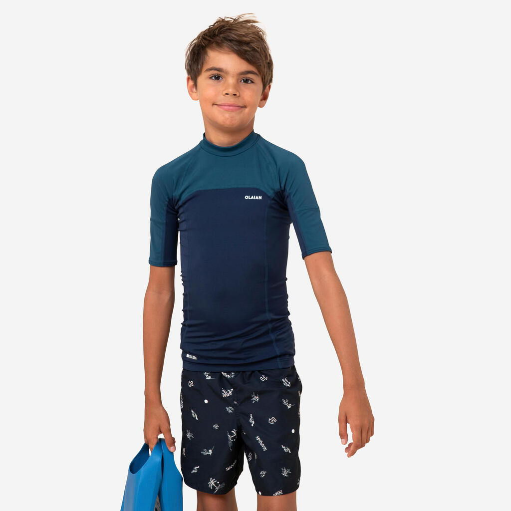 Boys’ short-sleeved sun top - navy blue and petrol