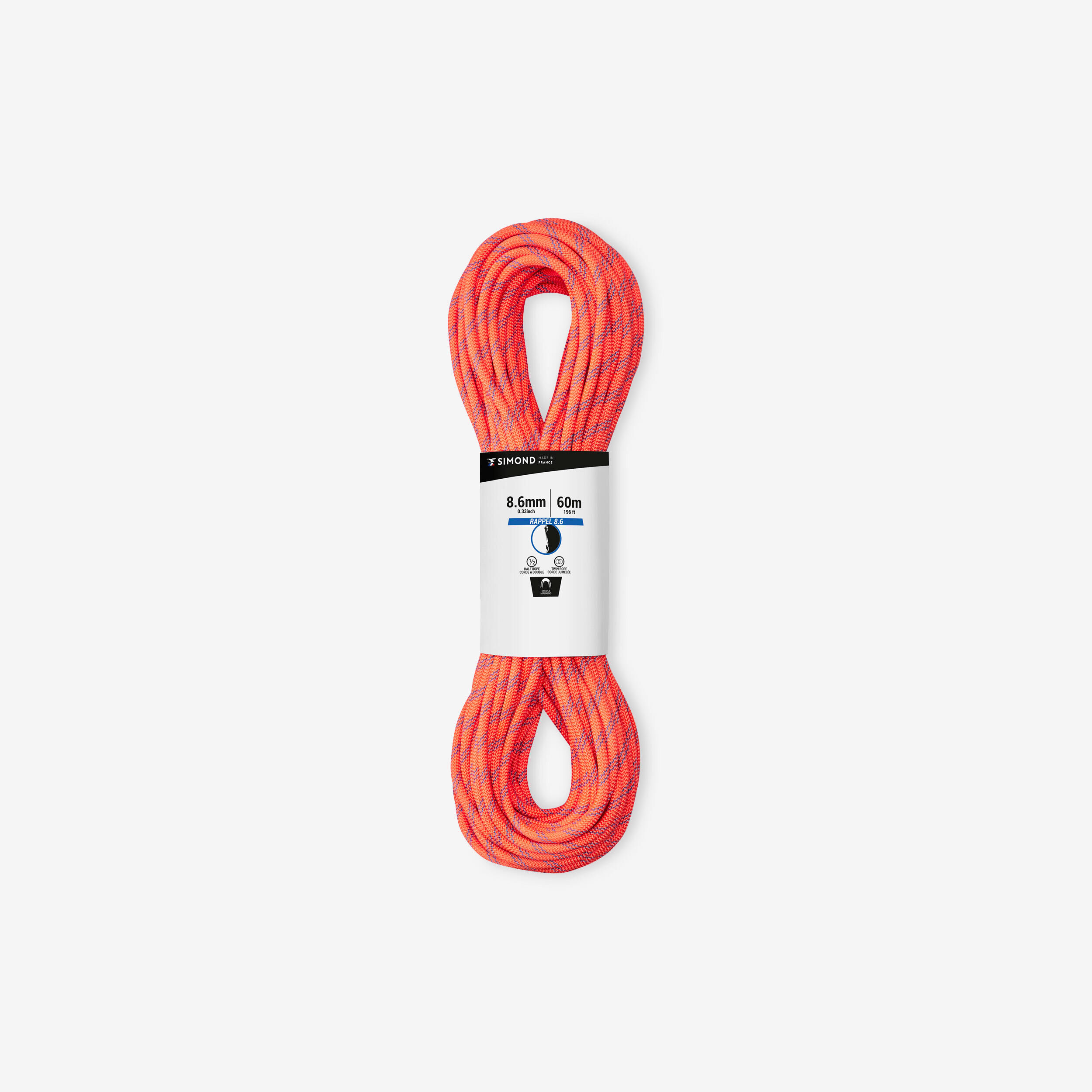 SIMOND Double climbing and mountaineering rope 8.6 mm x 60 m - RAPPEL 8.6 orange