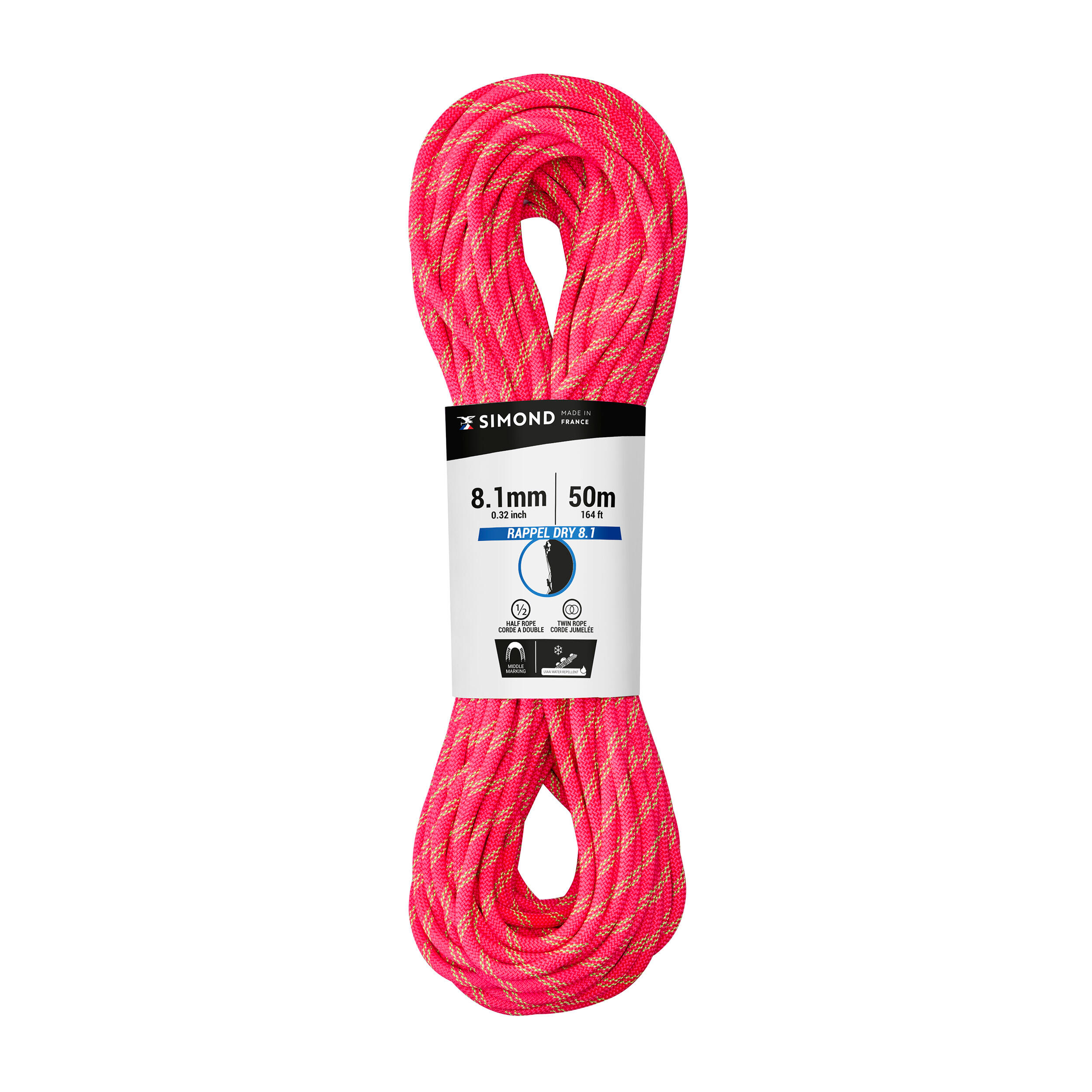 Double dry climbing and mountaineering rope 8.1 mm x 50 m - Rappel 8.1 Pink  SIMOND