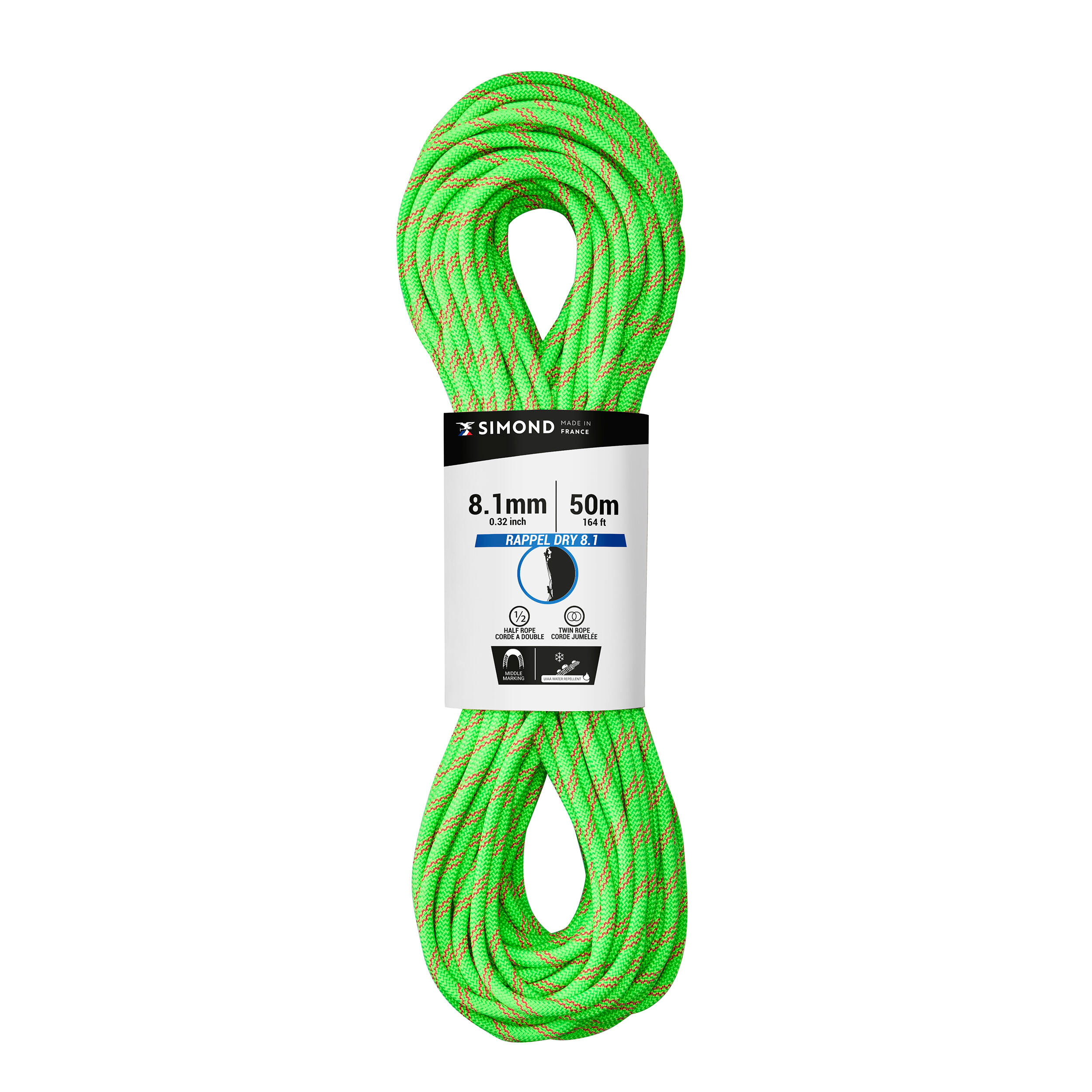 SIMOND Double dry climbing and mountaineering rope 8.1 mm x 50 m - Rappel 8.1 Green