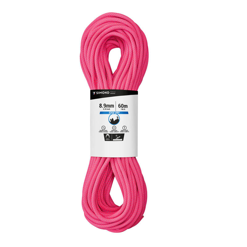 CORDE ESCALADE ET ALPINISME TRIPLE NORME 8.9 mm x 60 m - EDGE DRY ROSE