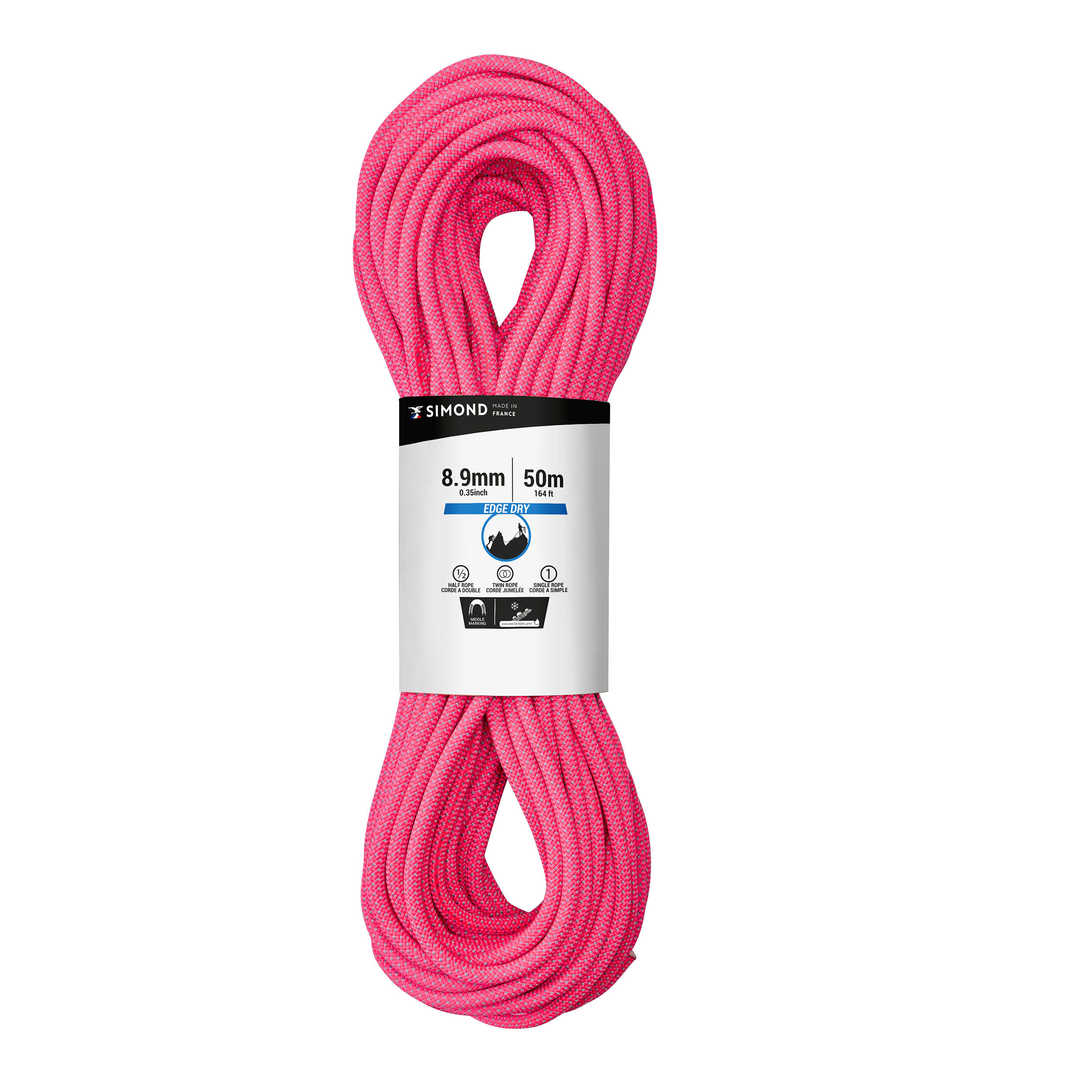 TRIPLE DRY ROPE STANDARD FOR CLIMBING AND MOUNTAINEERING 8.9mmx50m-EDGE DRY  ROSE SIMOND