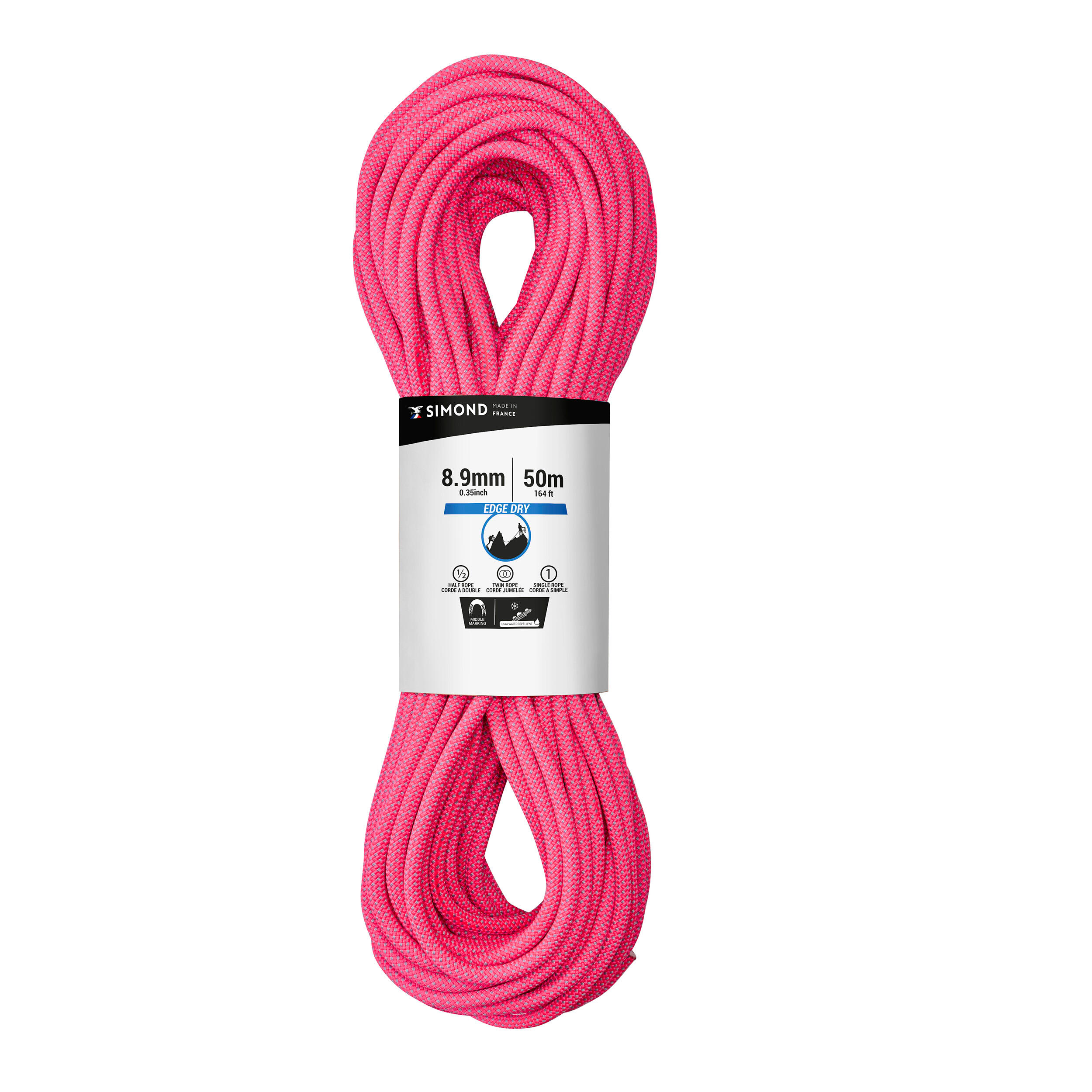 DRY TRIPLE STANDARD CLIMBING AND ALPINE ROPE 8.9 mm x 50 m - EDGE DRY ROSE