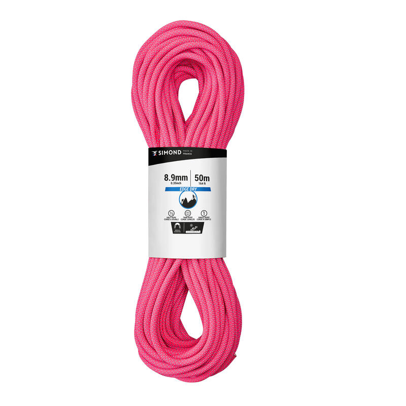 CORDE DRY TRIPLE NORME D'ESCALADE ET D'ALPINISME 8.9 mm x 50 m - EDGE DRY ROSE