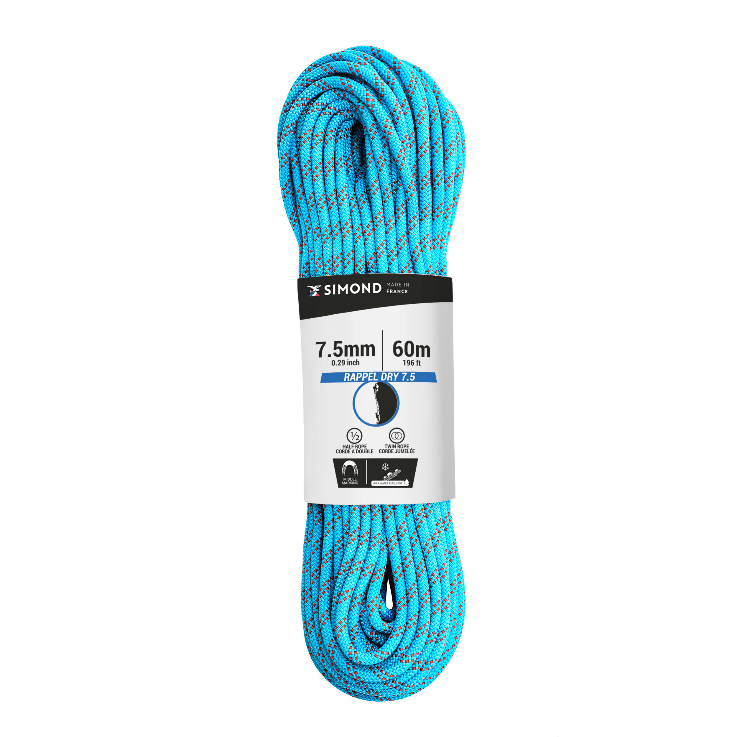Double dry climbing and mountaineering rope 7.5 mm x 60 m - RAPPEL 7.5 Blue 1/3