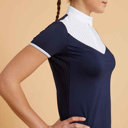 Moteriški trumparankoviai jojimo varžybų polo marškinėliai „500“, tamsiai mėlyni