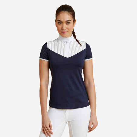 Mornarsko modra ženska jahalna polo majica s kratkimi rokavi 500 