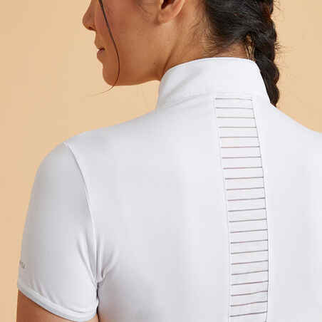 Moteriški trumparankoviai jojimo varžybų polo marškinėliai „500“, balti