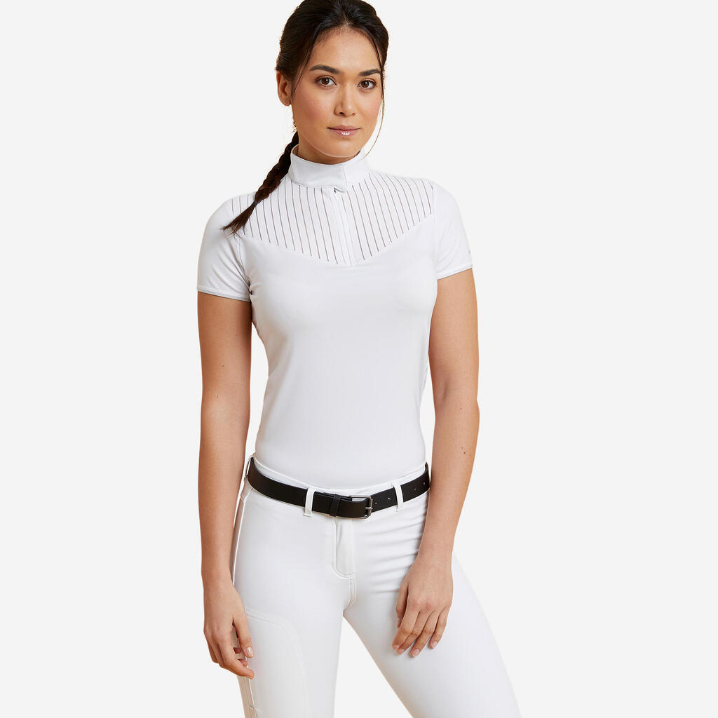 Camisa polo de equitación para competencia de Mujer - Fouganza 500 blanco