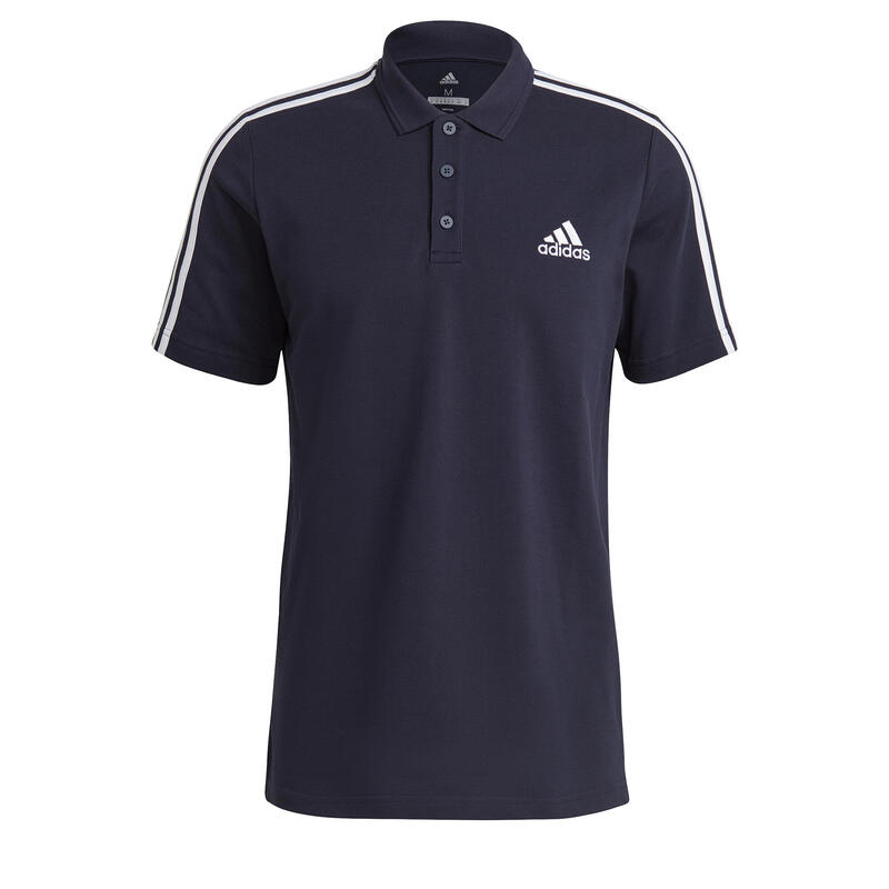 Polo piqué Adidas bleu 3 bandes blanches