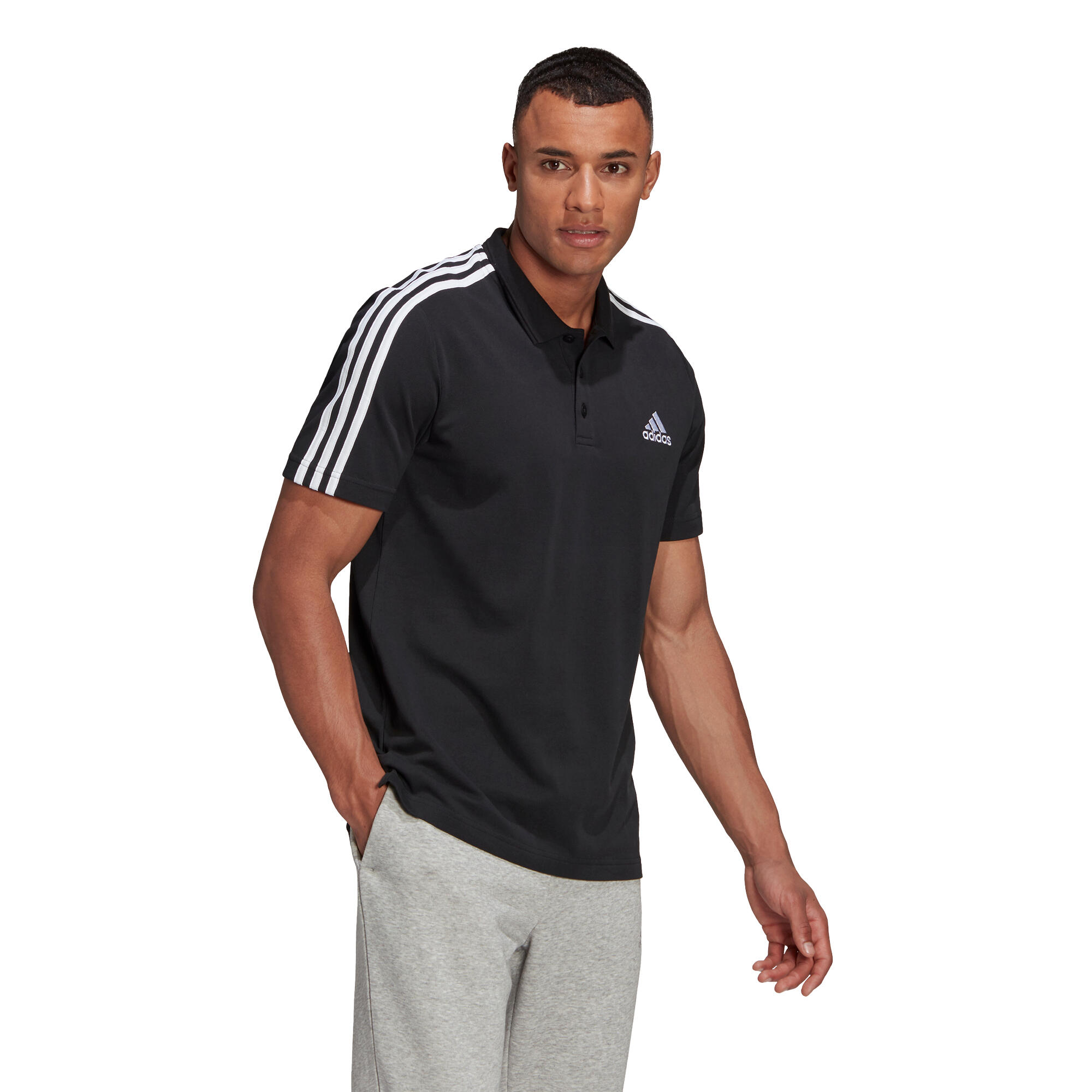 Polo piqué Adidas noir 3 bandes blanche 6/10