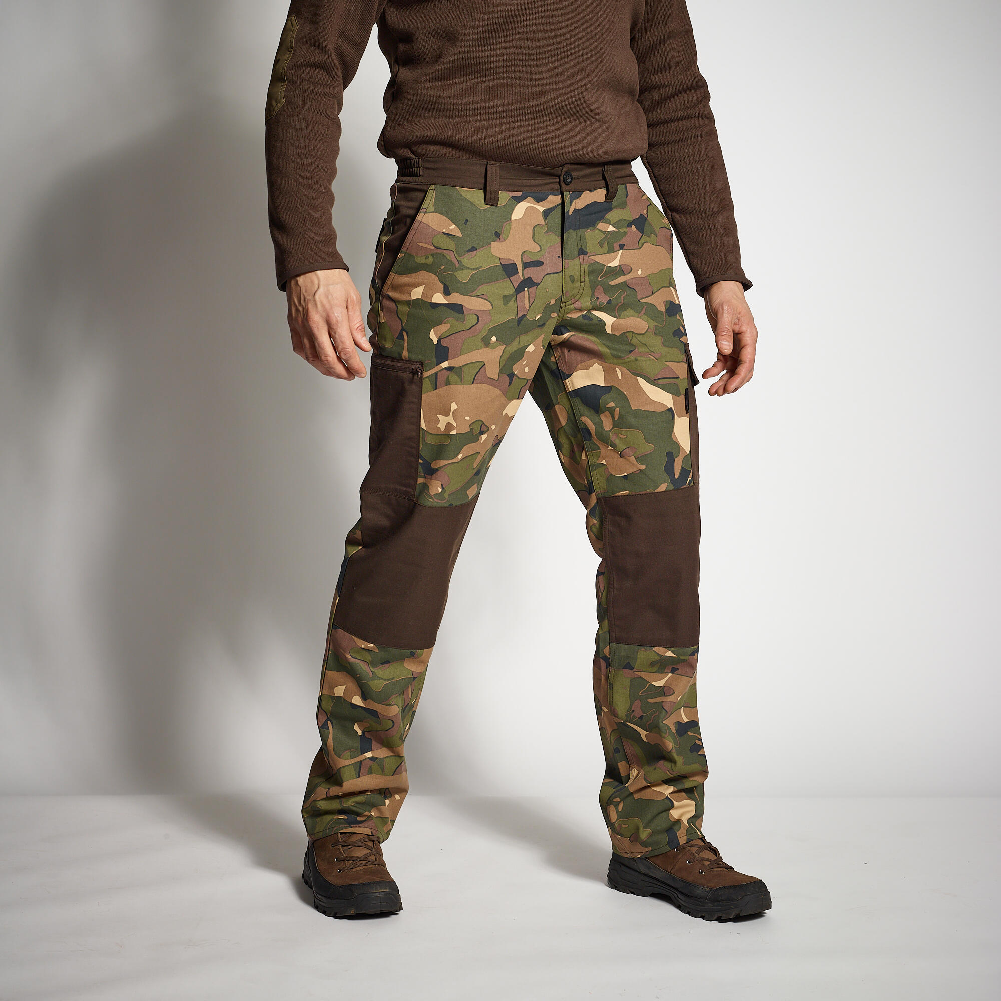 Men’s Regular Trousers - Steppe 300 Woodland Camo Plain Green/Brown 1/6