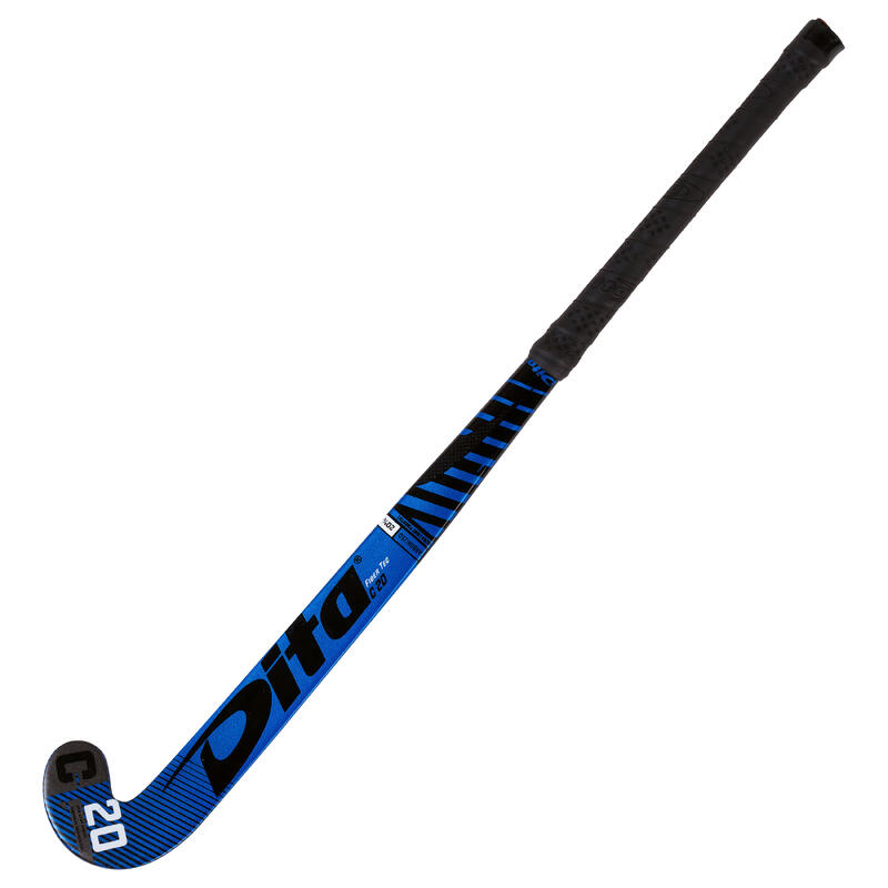 Hockeystick voor tieners Fibertec C20 20% carbon mid bow blauw/zwart