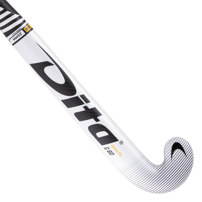 Veldhockeystick voor volwassenen expert compotec C60 Xlowbow 60% carbon wit/zwart