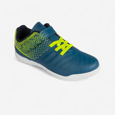 Zaalvoetbalschoenen kind futsal 100 klittenband blauw/groen