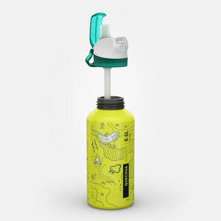 Kids 0.6 L aluminium flask with instant-open cap and pipette for hiking
