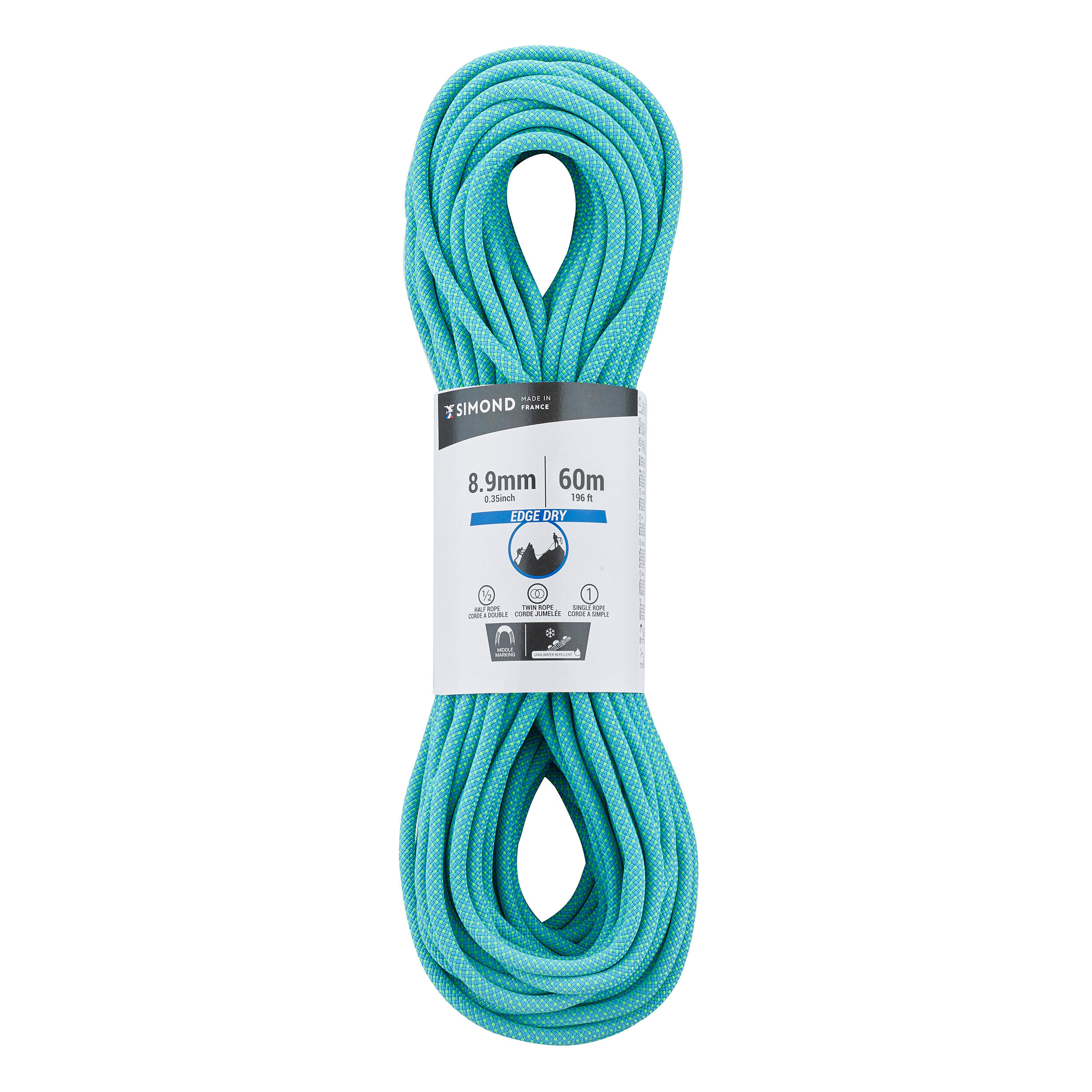 CLIMBING AND MOUNTAINEERING TRIPLE ROPE STANDARD 8.9 mm x 60 m - EDGE DRY TURQUOISE 1/4