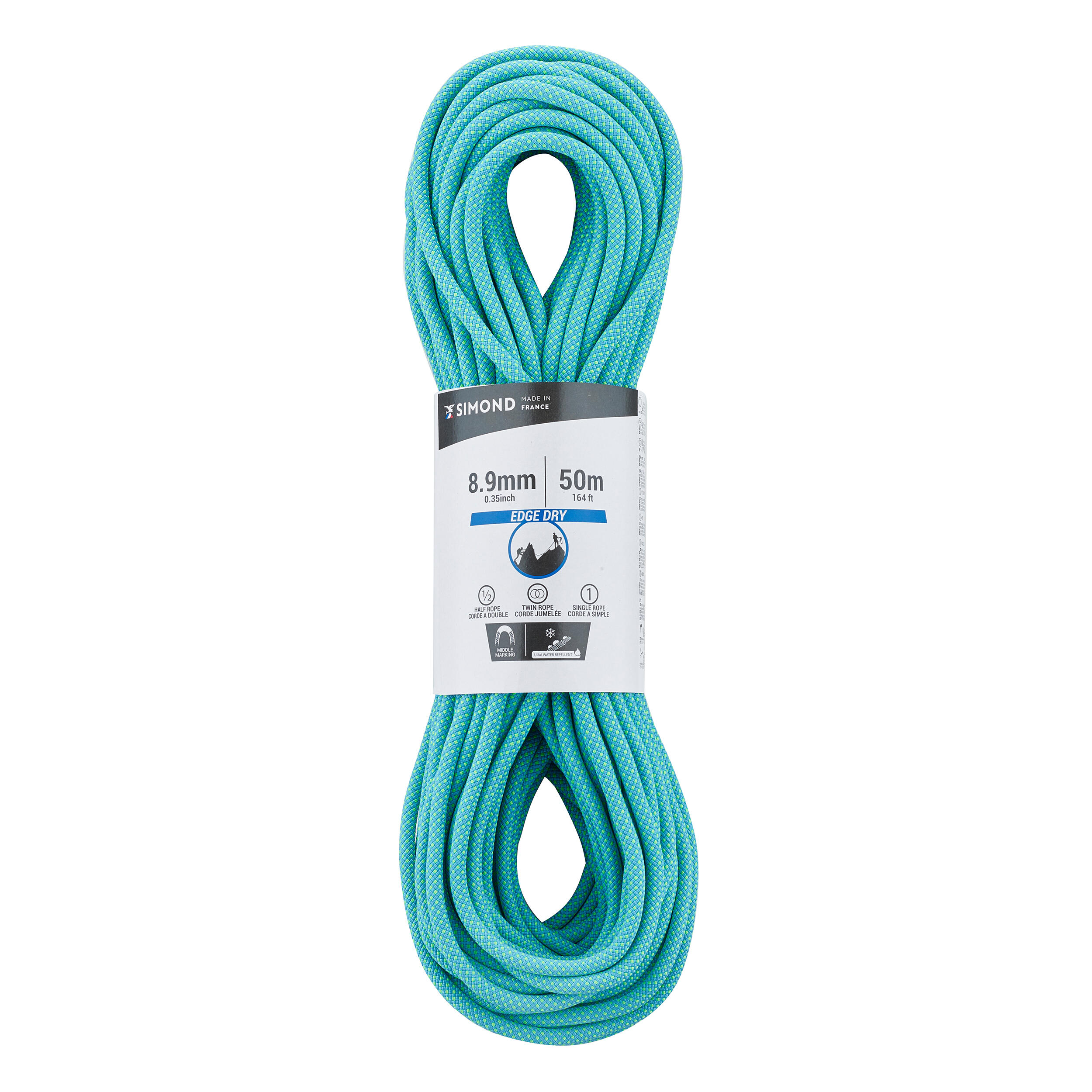 CLIMBING AND MOUNTAINEERING TRIPLE ROPE STANDARD 8.9 mm x 50 m - EDGE DRY TURQUOISE 1/3