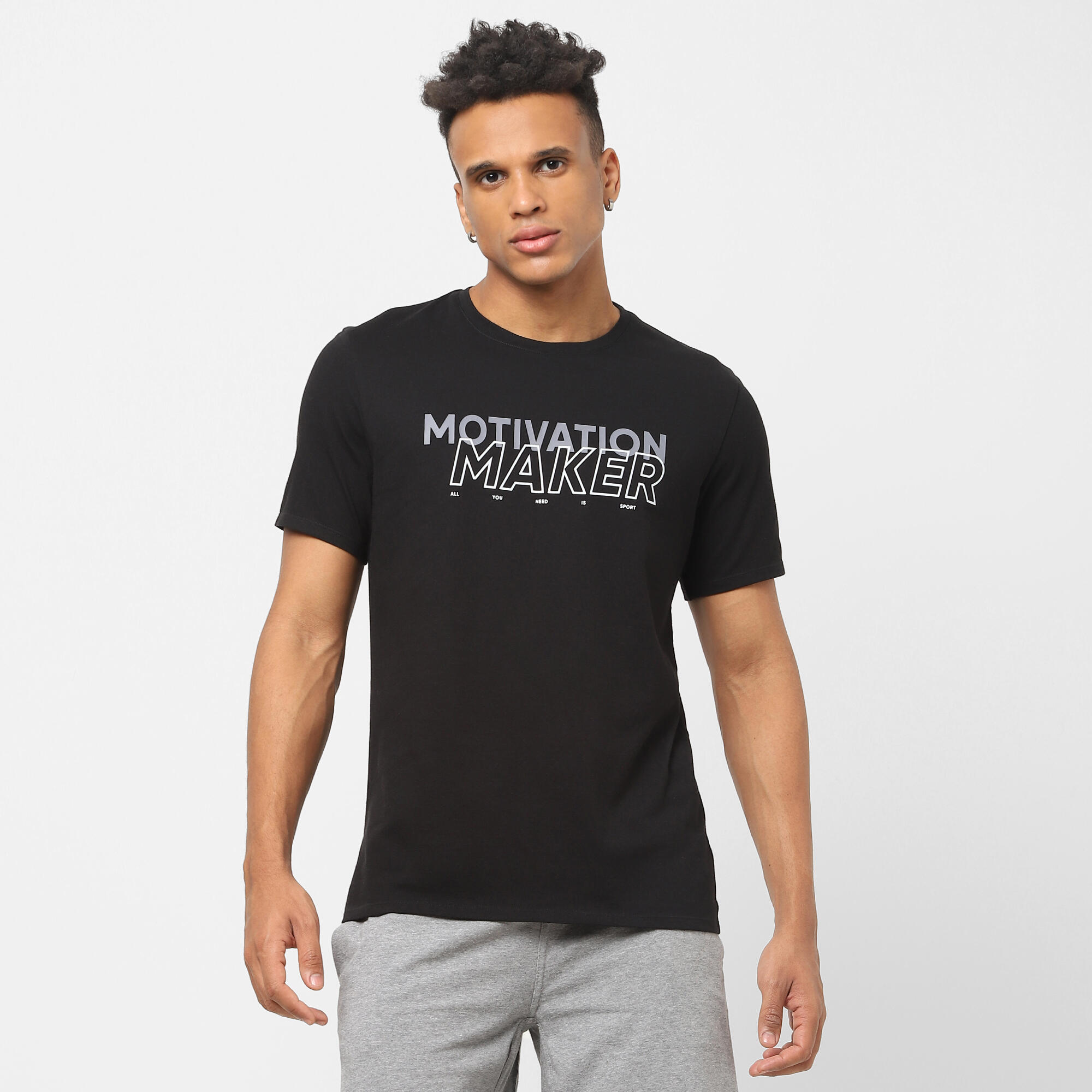 domyos Men's Gym Cotton blend T-shirt Regular fit 500 - Black Print-picture-12