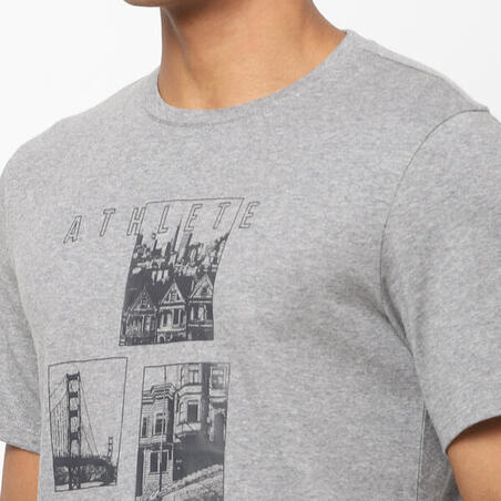 Футболка для фитнеса прямая с круглым вырезом хлопковая мужская серая 500