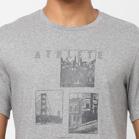 Футболка для фитнеса прямая с круглым вырезом хлопковая мужская серая 500