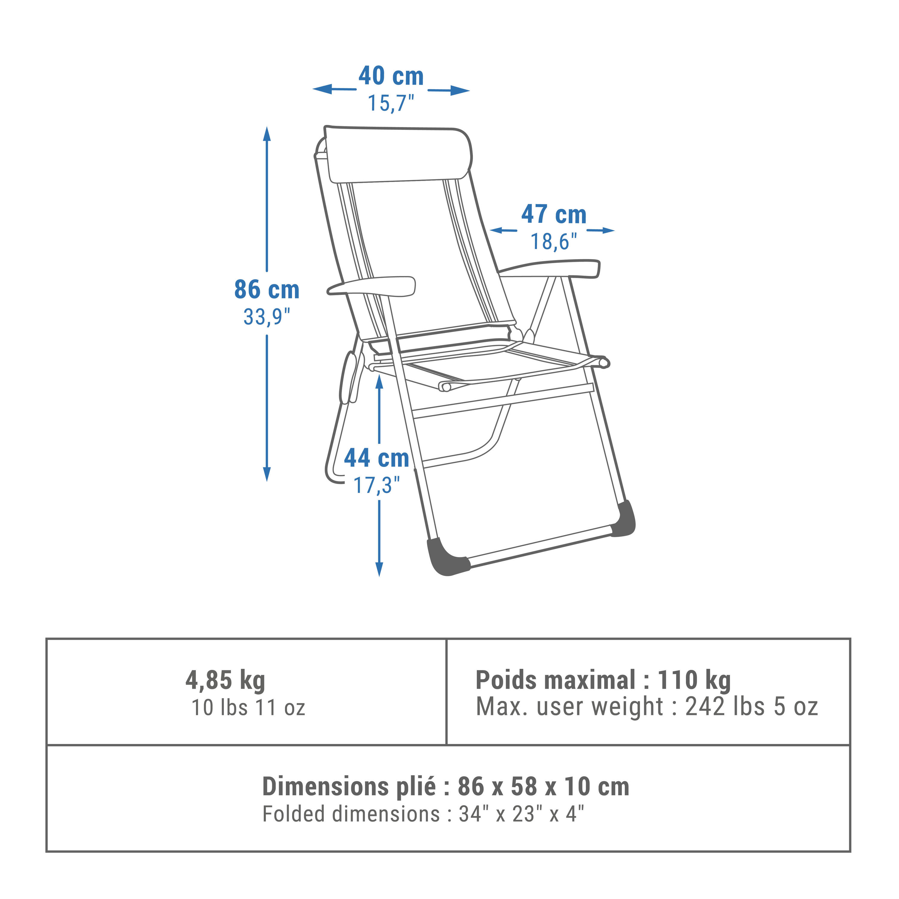 US FOLDING COMFORT CAMPING CHAIR - RECLINABLE - STEEL 2/12