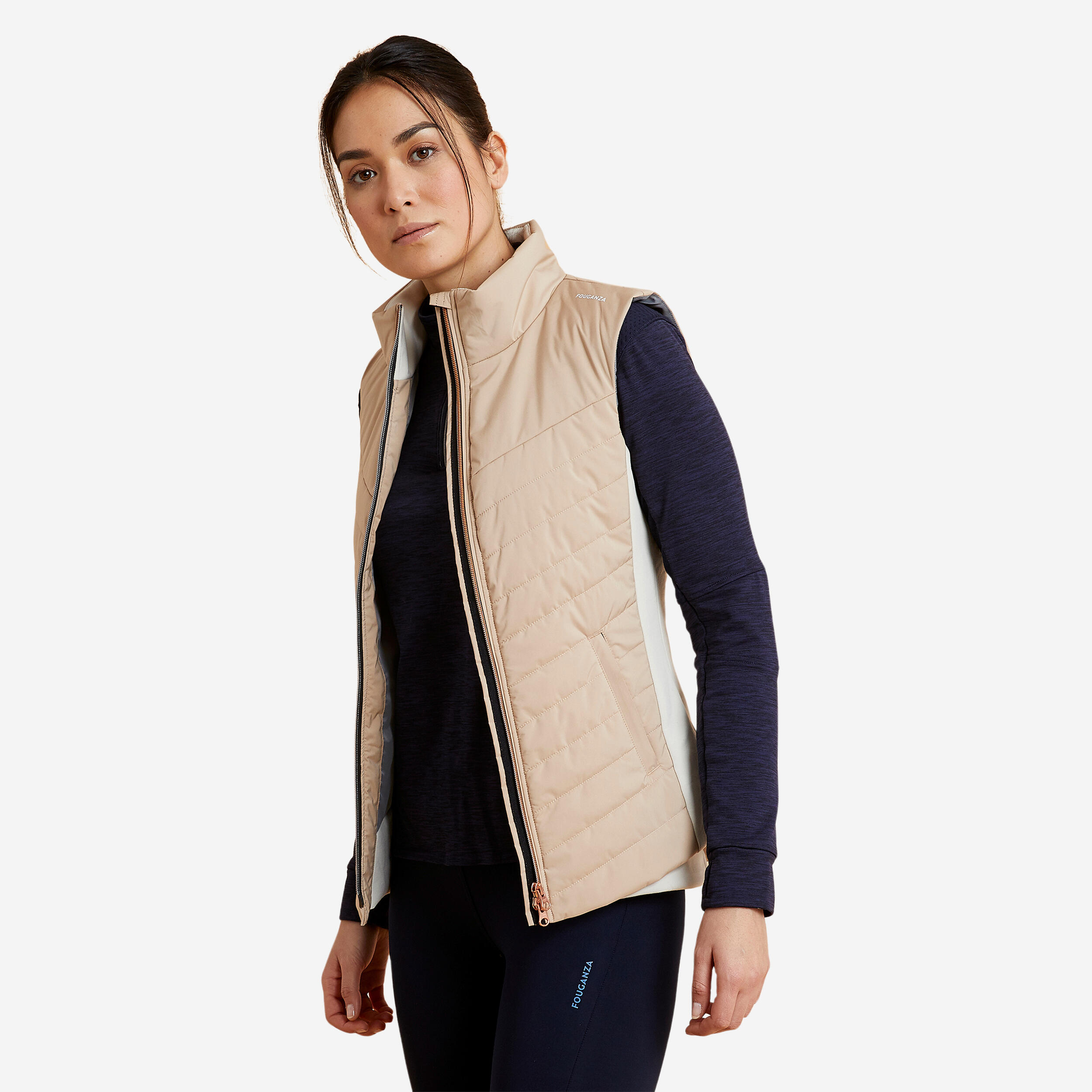 Chaleco Plumifero Equitacion 500 Mujer Negro Cremallera Rosa Dorado