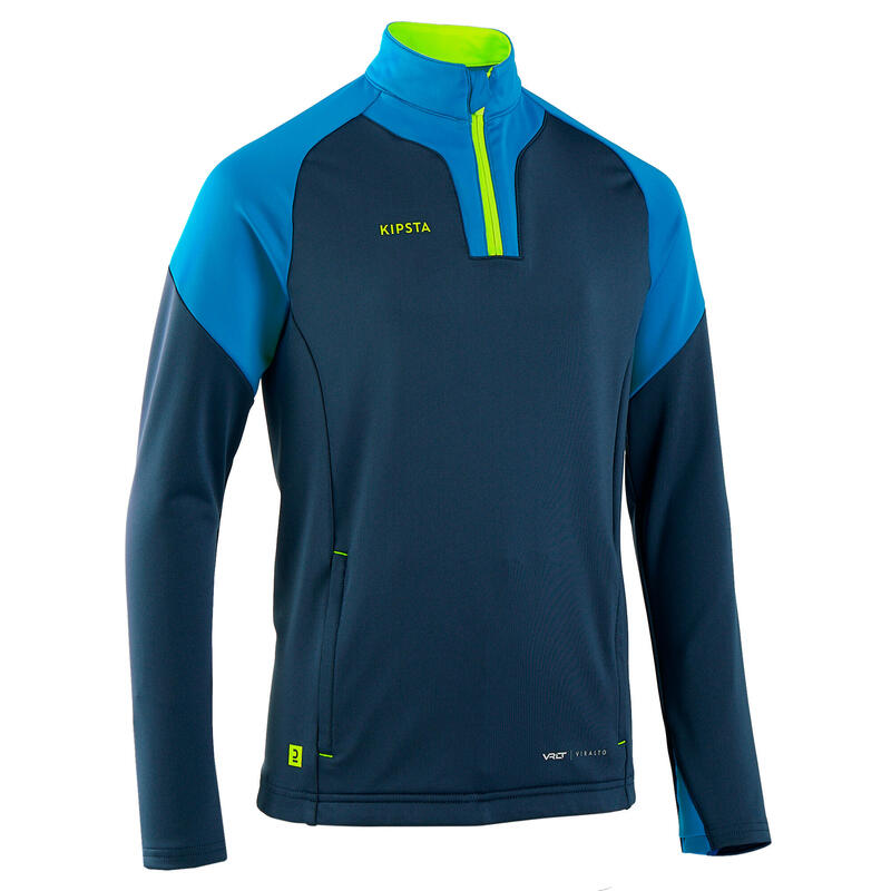 Sweat de football 1/2 zip VIRALTO SOLO JR bleu, gris et jaune fluo.