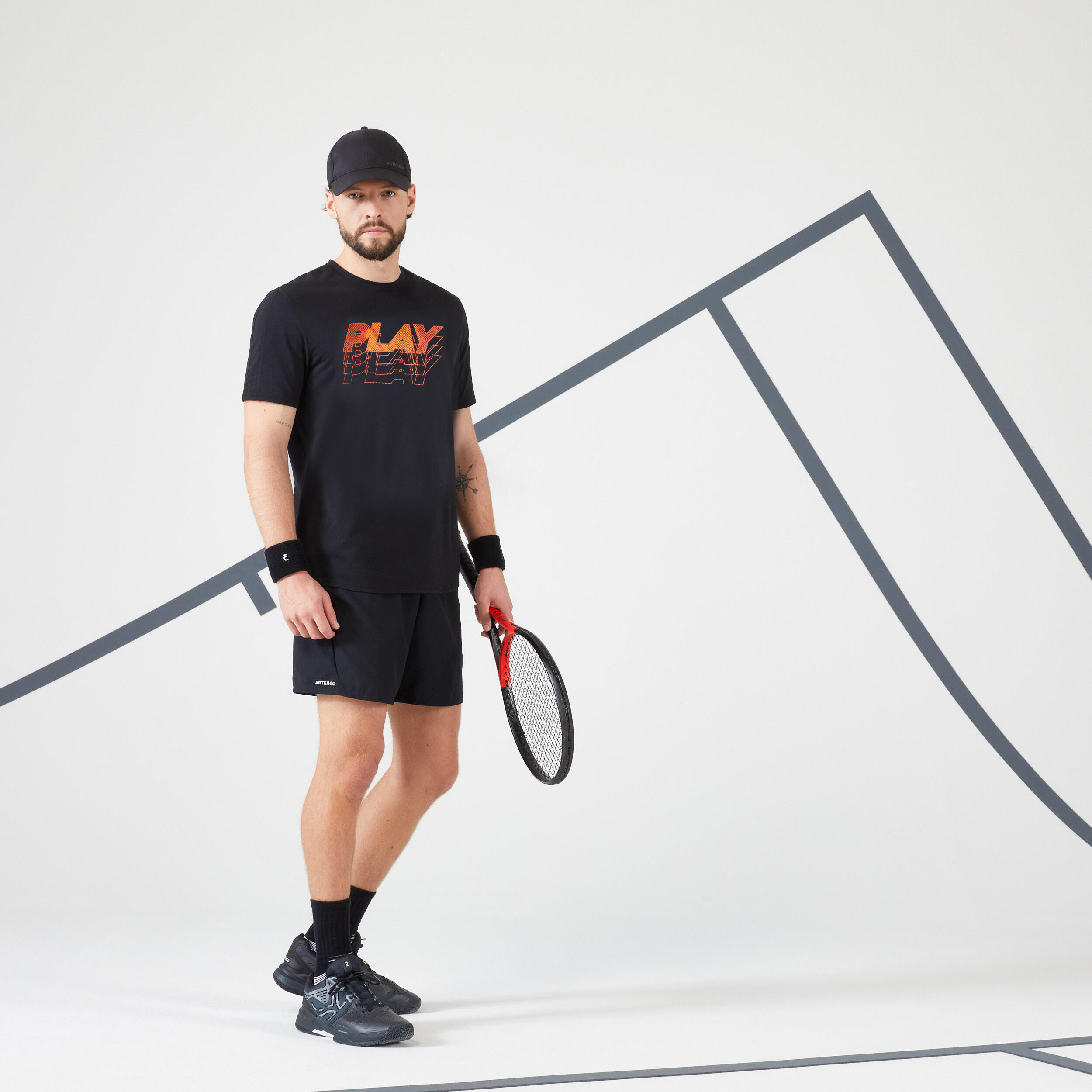 ARTENGO Men's Tennis T-Shirt Soft - Black Red