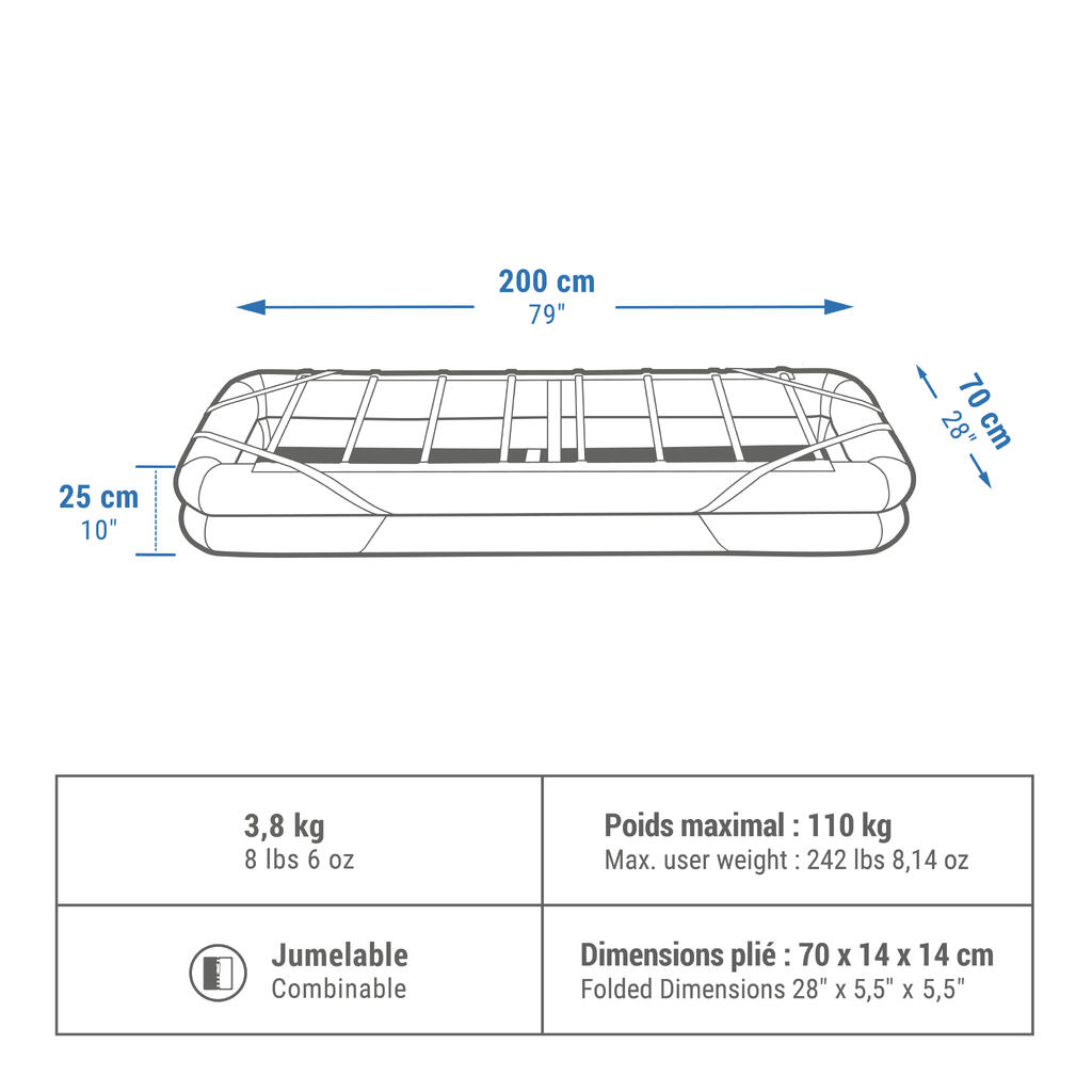 Viengulė pripučiama turistinė lova su daiktų saugojimo dėže „Camp Bed Air +“, 70 cm