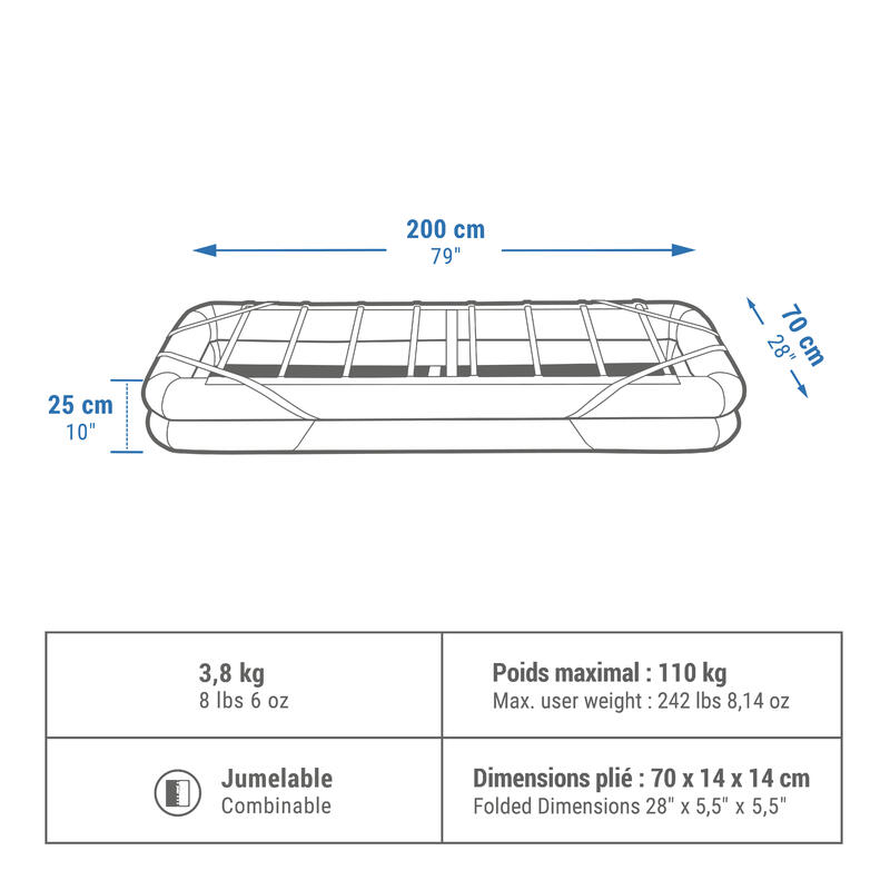 Opblaasbaar veldbed voor kamperen Air+ met opbergruimte 70 cm 1 persoon