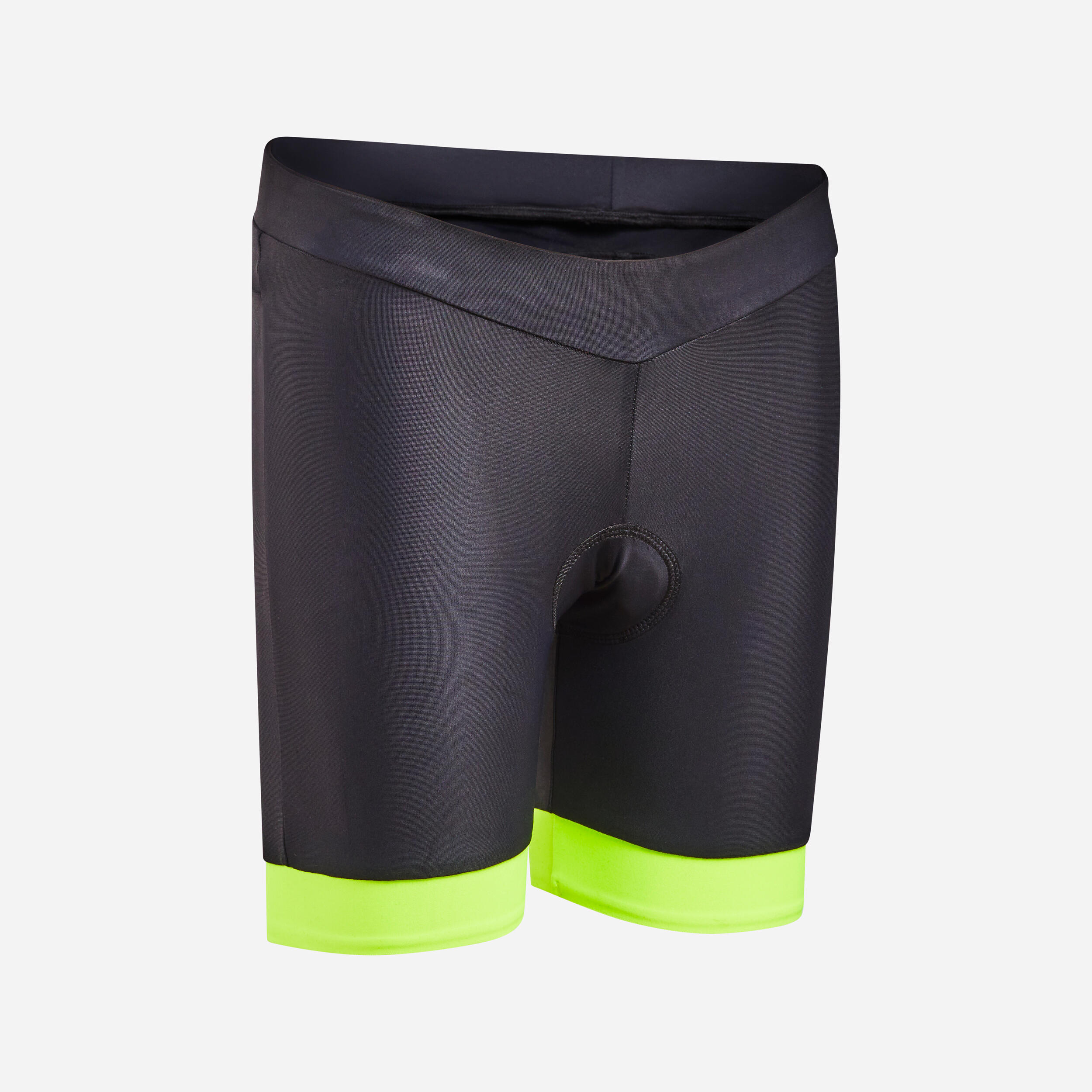 BTWIN 500 Kids' Bibless Cycling Shorts - Black/Neon Yellow