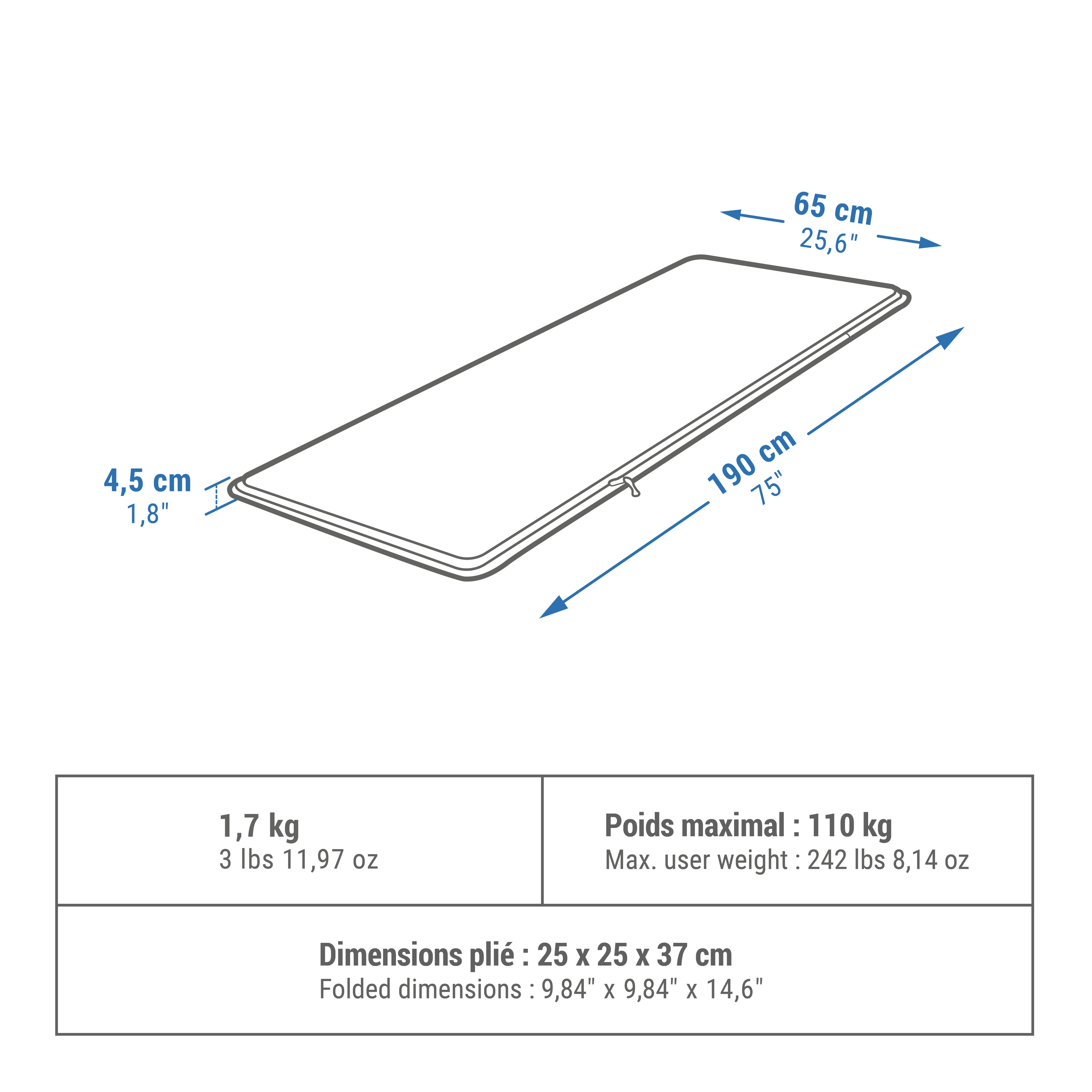 Single Self-Inflating Camping Sleeping Mat - AG Confort 190 x 65 cm - QUECHUA