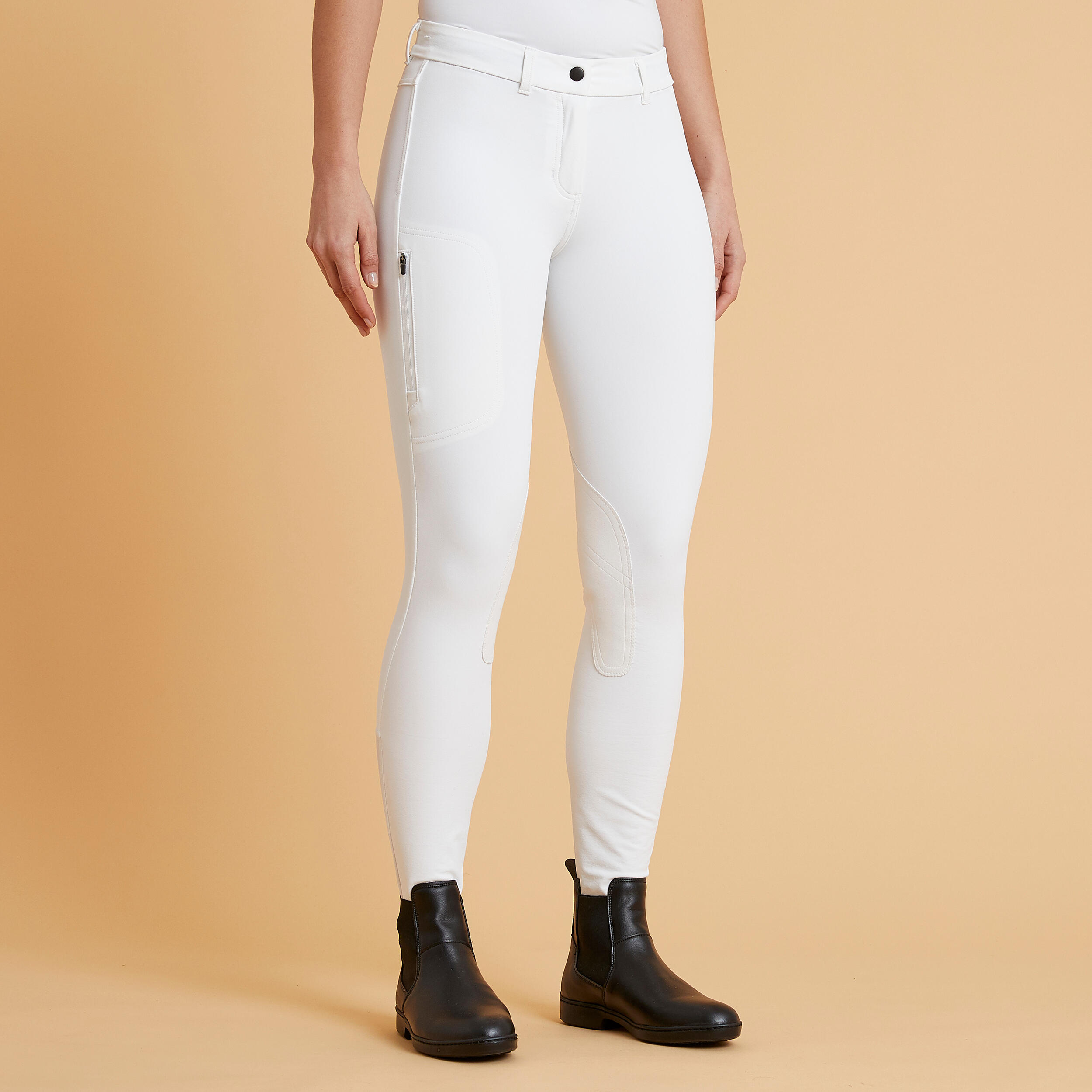 FOUGANZA 500 Women's Horse Riding Show Jodhpurs With Patches - White