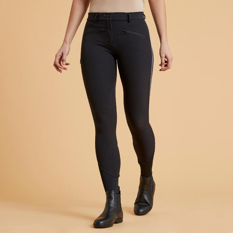 Pantalon équitation léger mesh Femme - 500 noir et gris