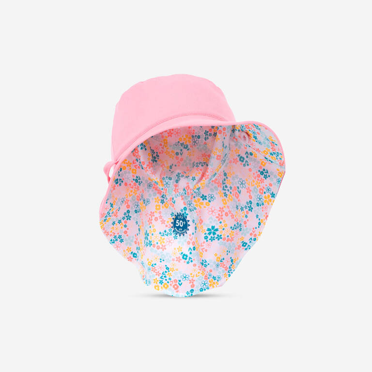 Baby Reversible Anti-UV Hat - Light Pink with Flower Print