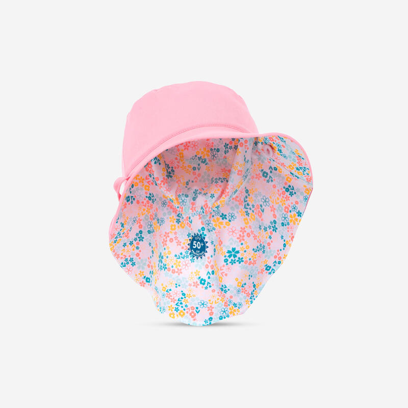 Chapeau anti UV réversible Bébé - corail et imprimés fleurs