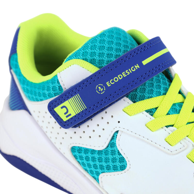 Zapatillas voleibol VS100 confort tiras autoadherentes blanca/azul y verde.