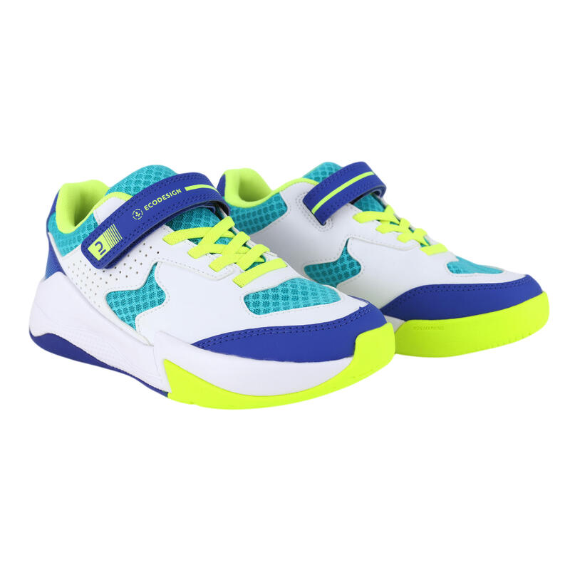 Chaussures de volley-ball VS100 confort avec scratches blanche/blue et vert.
